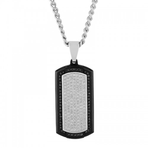 7/8 CTW Stainless Steel Black Dog Tag Pendant with Black Diamonds and White Diamonds