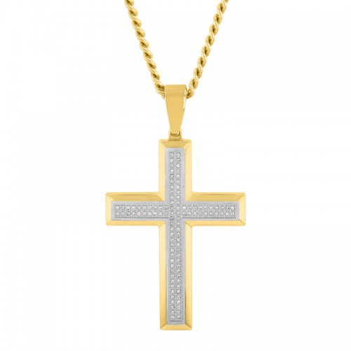 Yellow Finish Stainless Steel Men's Diamond Cross Necklace