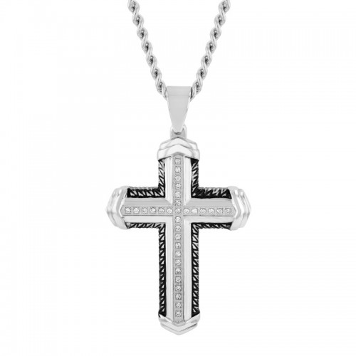Black and White Stainless Steel Men's Diamond Cross Necklace