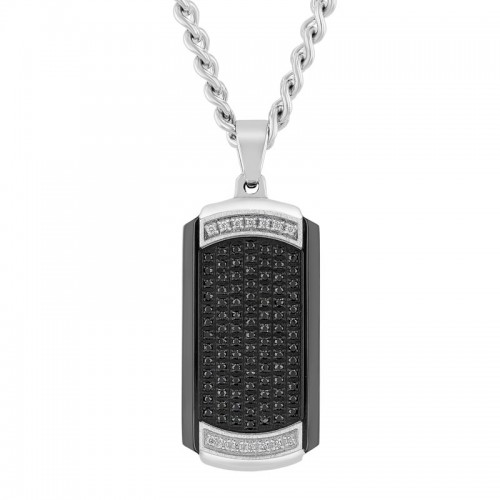 Stainless Steel w/ Black Finish Black & White Cubic Zirconia Dog Tag Pendant