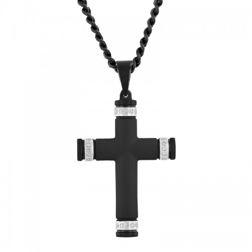 1/10 CTW Stainless Steel Diamond Black Finish Cross Pendant