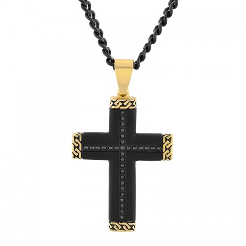 Stainless Steel Men's Diamond Cross Necklace w/Black Diamonds