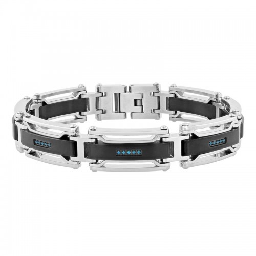 .15 CTW Black and White Men's Stainless Steel Bracelet w/ Blue Diamonds