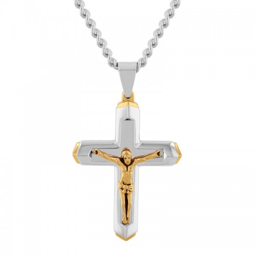 Stainless Steel w/ Yellow Finish Crucifix Pendant