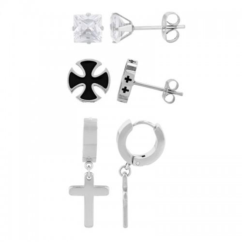 Stainless Steel Cubic Zirconia Square Stud, Iron Cross & Hoop Earring Set