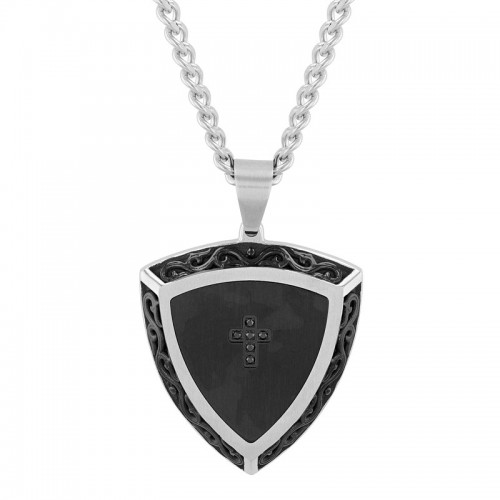 .03 CTW Stainless Steel Black and White Men's Shield Pendant