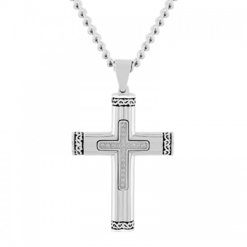 .10Ctw Stainless Steel Diamond Rounded Cross Pendant