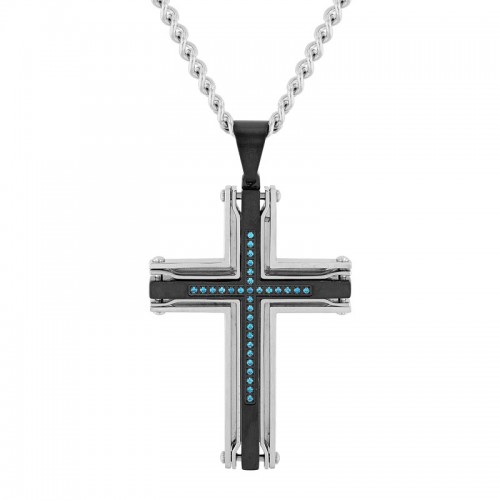 1/6 CTW Black & White Stainless Steel Men's Diamond Cross Necklace w/ Blue Diamonds
