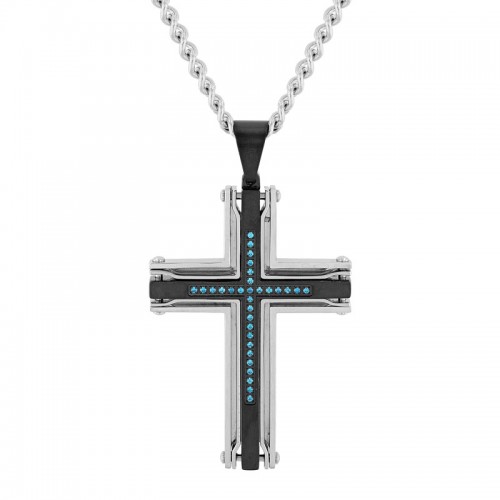 Black & White Stainless Steel Men's Diamond Cross Necklace w/ Blue Diamonds