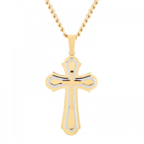 Stainless Steel w/ Yellow Finish Cross Pendant