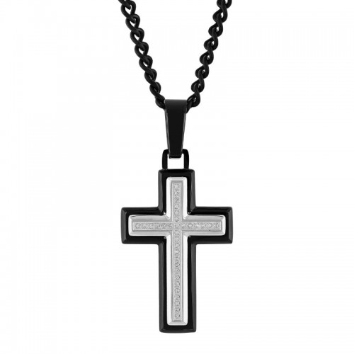 1/10 CTW Diamond and Stainless Steel with Black IP Cross Pendant