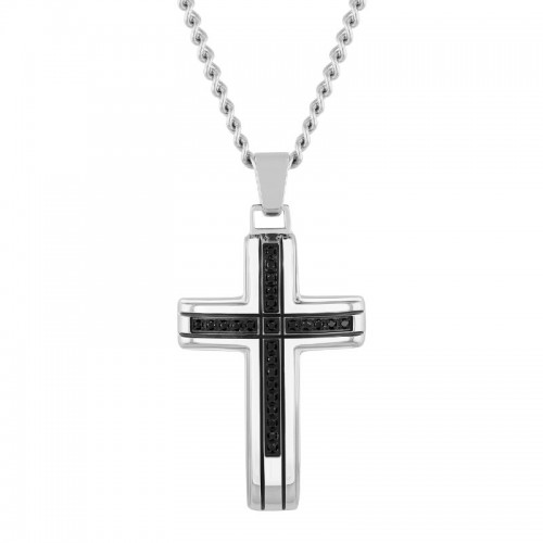 1/4 CTW Raised Stainless Steel Cross Pendant with Black Diamonds