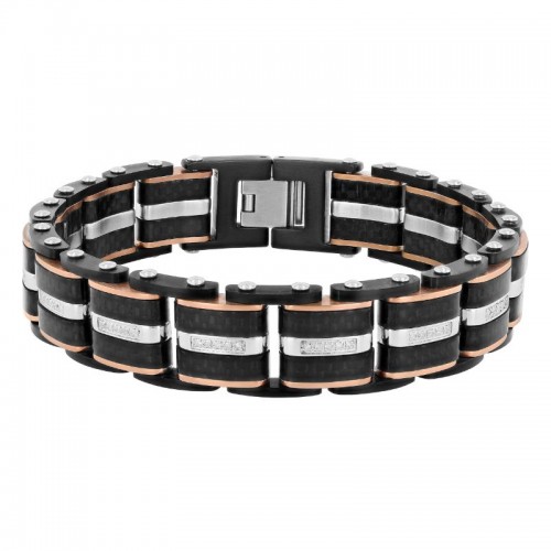 1/3 CTW Diamond Black & Rose Finish Stainless Steel with Black Forged Carbon Fiber Bracelet