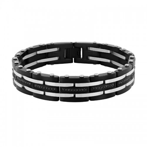 White and Black Stainless Steel Link Bracelet with Black Diamonds