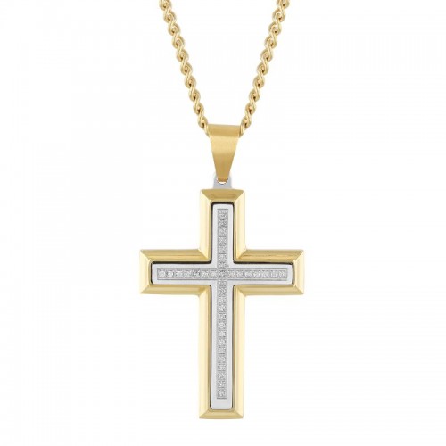 Squared Yellow and white Stainless Steel Cross Pendant with White Diamonds