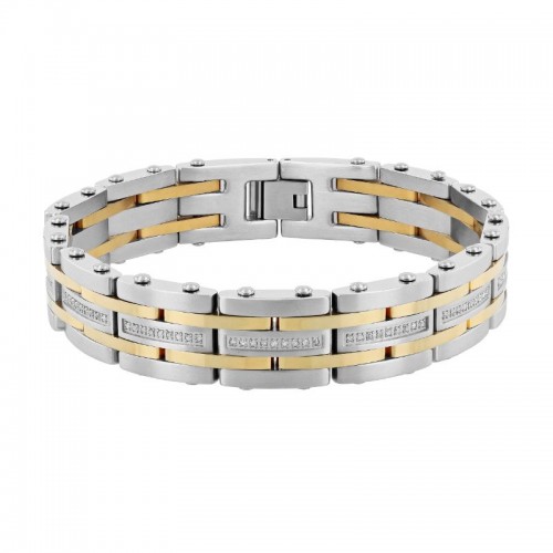 Classic Yellow and white Stainless Steel Link Bracelet with White Diamonds