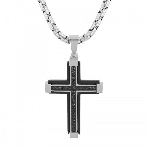 Black and White Stainless Steel Men's Diamond Cross Necklace