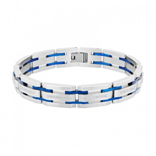1/3 CTW Blue Accented Stainless Steel Link Bracelet with White Diamonds