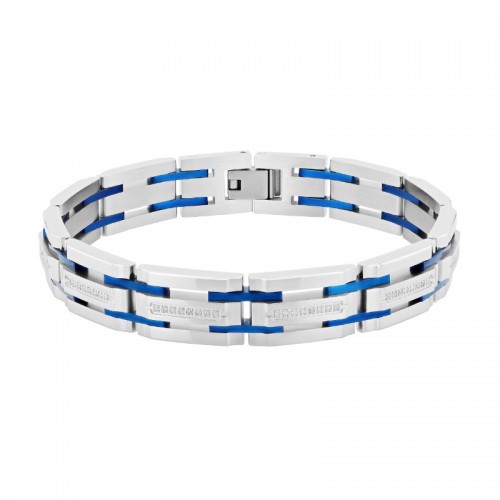 Blue Accented Stainless Steel Link Bracelet with White Diamonds