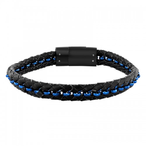 Stainless Steel And Genuine Leather Black & Blue Bracelet