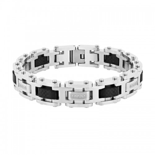 Black Carbon Fiber and Stainless Steel Link Bracelet with White Diamonds