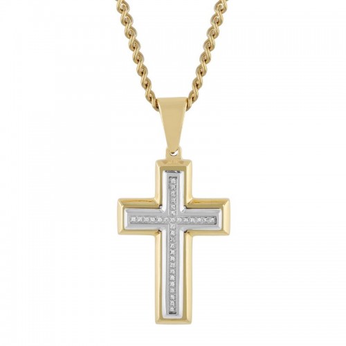 1/10 CTW Yellow and White Stainless Steel Cross Pendant with White Diamonds