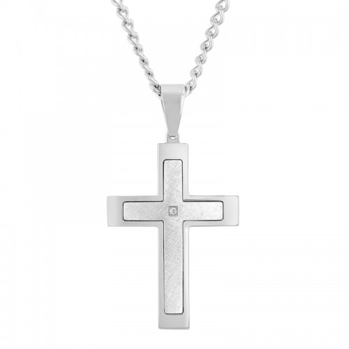 .015CTW Stacked Stainless Steel Men's Diamond Cross Necklace