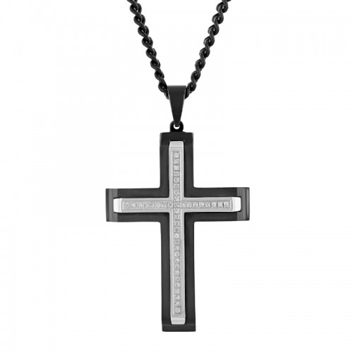 1/5 CTW Stainless Steel Diamond With Black Finish Cross Pendant