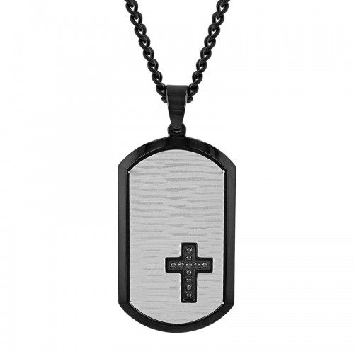 1/10 CTW Stainless Steel Black & White Black Diamond Dog Tag Pendant