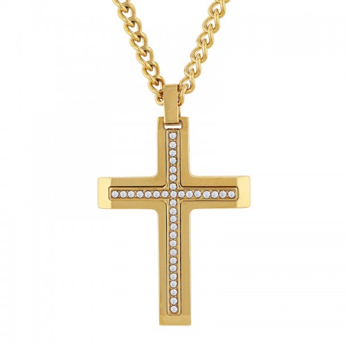 Stainless Steel w/ Yellow Finish Crystal Cross Pendant