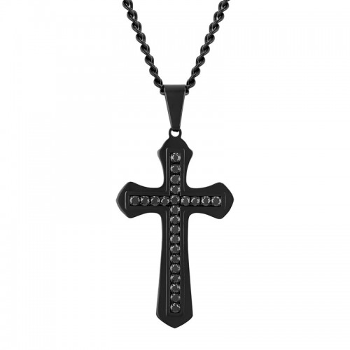 Stainless Steel Black Finish Crystal Cross Pendant