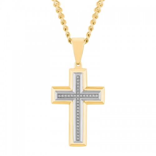 Stainless Steel Yellow Finish Men's Diamond Cross Necklace