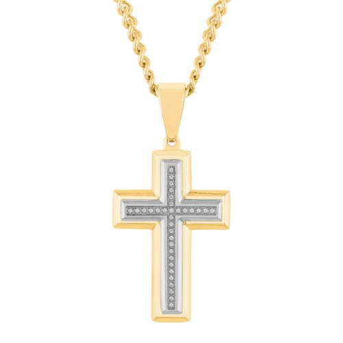 1/10 CTW Stainless Steel Yellow Finish Men's Diamond Cross Necklace