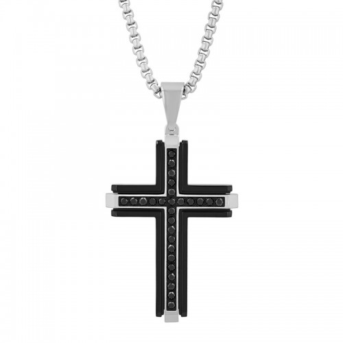 1 CTW Black and White Men's Diamond Cross Necklace w/ Black Diamonds
