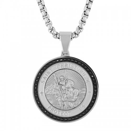 1/4Ctw Stainless Steel And Black IP With Black Diamonds Medallion Pendant