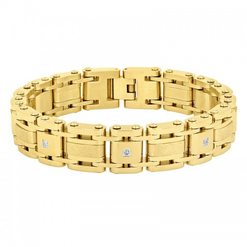 .10 CTW Yellow Textured Finish Men's Stainless Steel Bracelet w/ Diamonds