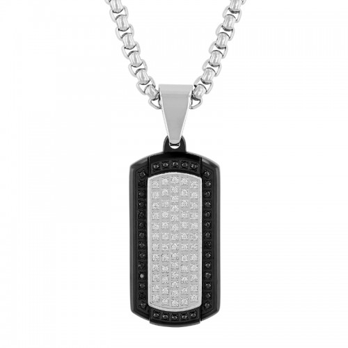3/8 CTW Stainless Steel with Black Finish White And Black Diamond Dog Tag Pendant
