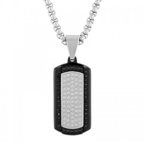 3/8Ctw Stainless Steel & Black Ip Finish White And Black Diamond Dog Tag Pendant