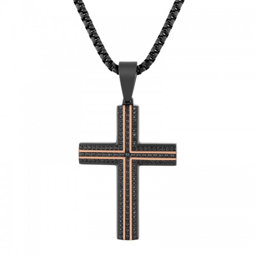 Black and Rose Finish Men's Diamond Cross Necklace