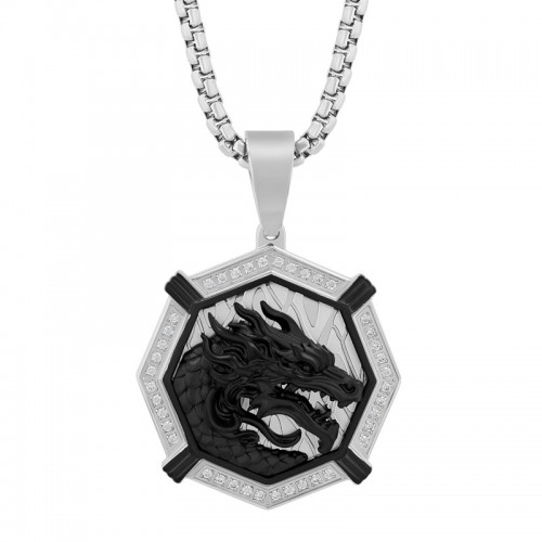 1/4 CTW Men's Black Stainless Steel and Diamond Dragon Pendant