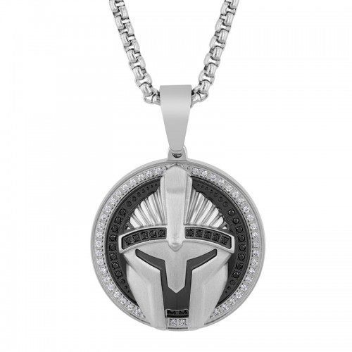 Stainless Steel Black and White Spartan Helmet Men's Diamond Pendant
