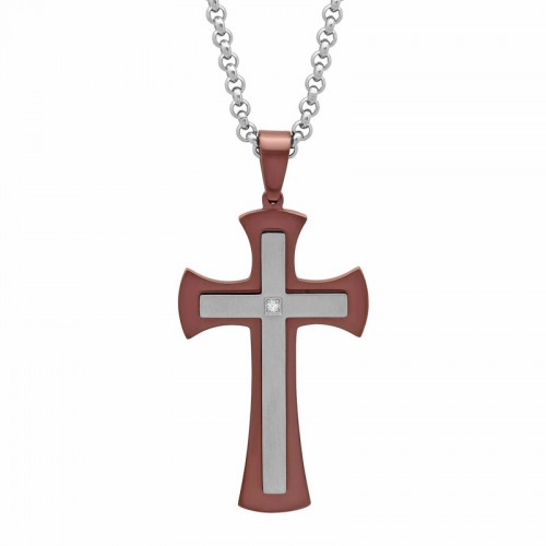 .03 CTW Stainless Steel Brown & White Diamond Cross Pendant