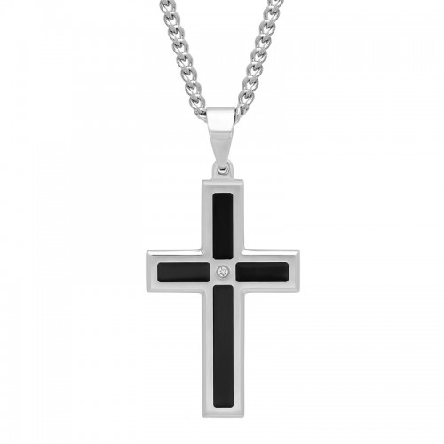 Stainless Steel and Black Enamel Men's Diamond Cross Pendant