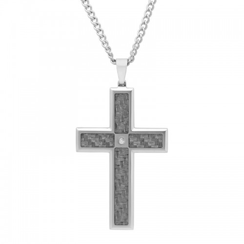 .05 CTW Stainless Steel Diamond Carbon Fiber Cross Pendant