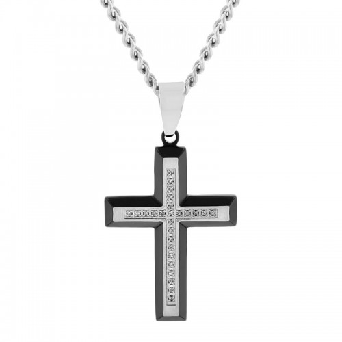 Black and White Stainless Steel Men's Diamond Cross Necklace