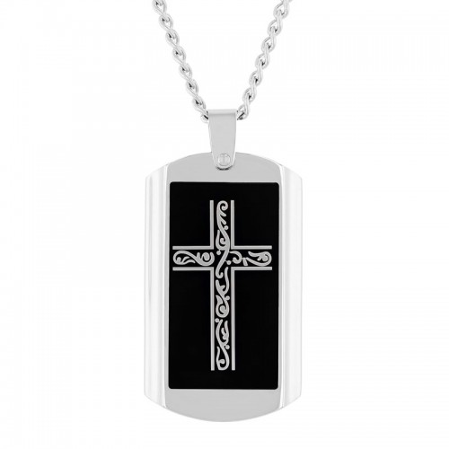 Stainless Steel w/ Black & Yellow Finish Filigree Cross Dog Tag Pendant