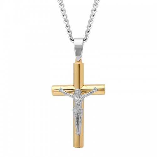 Stainless Steel w/ Yellow Finish Crucifix Pendant