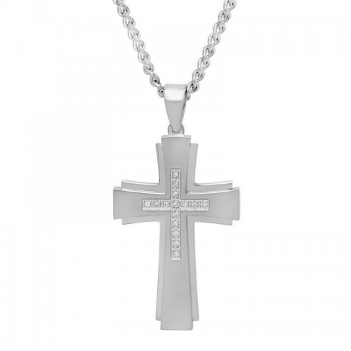 Stainless Steel Stacked Men's Diamond Cross Necklace