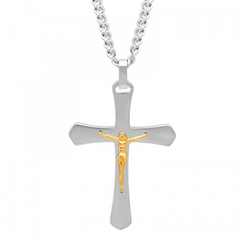 Stainless Steel w/ Yellow Finish Crucifix Pendant