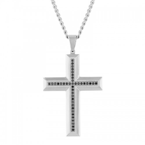 Stainless Steel Men's Black Diamond Cross Necklace